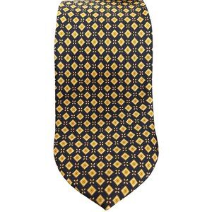 Dolcepunta Mens Navy Gold Geometric Print Silk Tie Handmade Italy Quiet Luxury